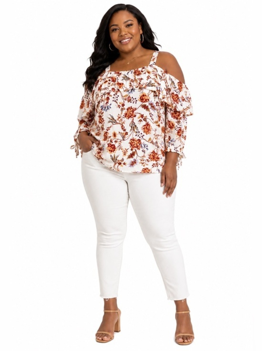 Cupio Boho Cold Shoulder Floral Top 3X Plus Size Floral Peasant Blouse